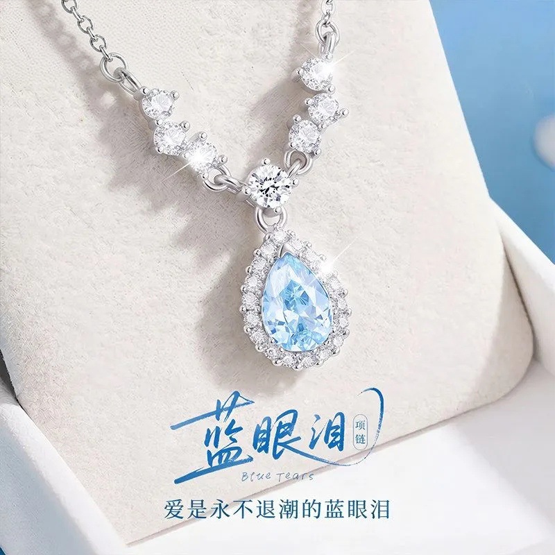 New Water Drop Blue Tears Necklace for Women, Light Luxury Niche High-End Sparkling Diamond Pendant, Birthday Gift for Girlfriend