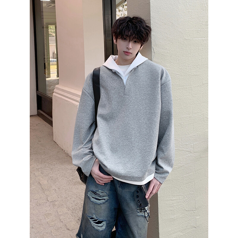 假两件藏青色v领卫衣男款秋季潮牌拼接连帽外套oversize美式上衣|undefined