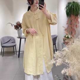 禅意风女装文艺衬衫女2026春新款中长款宽松亚麻新中式上衣女