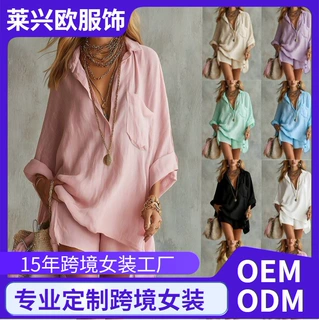 2026跨境欧美夏季新款女装时尚棉亚麻口袋沙滩短裤衬衫套装