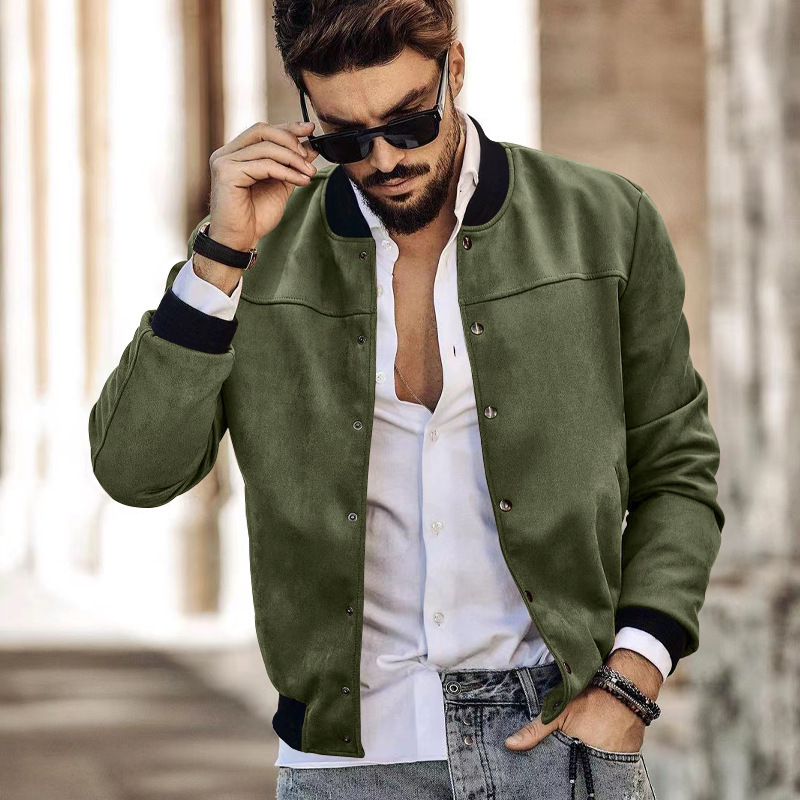 2024 temu Spring New Men's Suede Standing Collar Button Cardigan Jacket Casual Coat_mkmklike.com