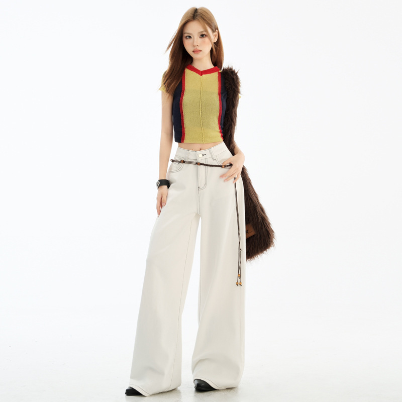 White Denim 2025 New High Waist American Style Retro Fashion Wide Leg Pants & Cropped Pants Leftened Spandex