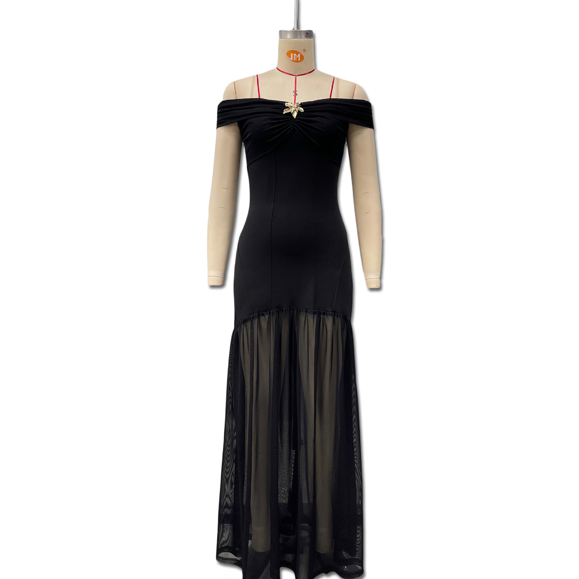 Women's Elegant Off Shoulder Backless Mesh Panel Flowy Maxi Dress – Sexy Summer Gown 2026_ecoleips.com