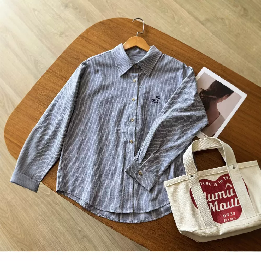 小个子复古蓝色刺绣条纹衬衫女春夏新款韩版慵懒宽松防晒衬衣上衣