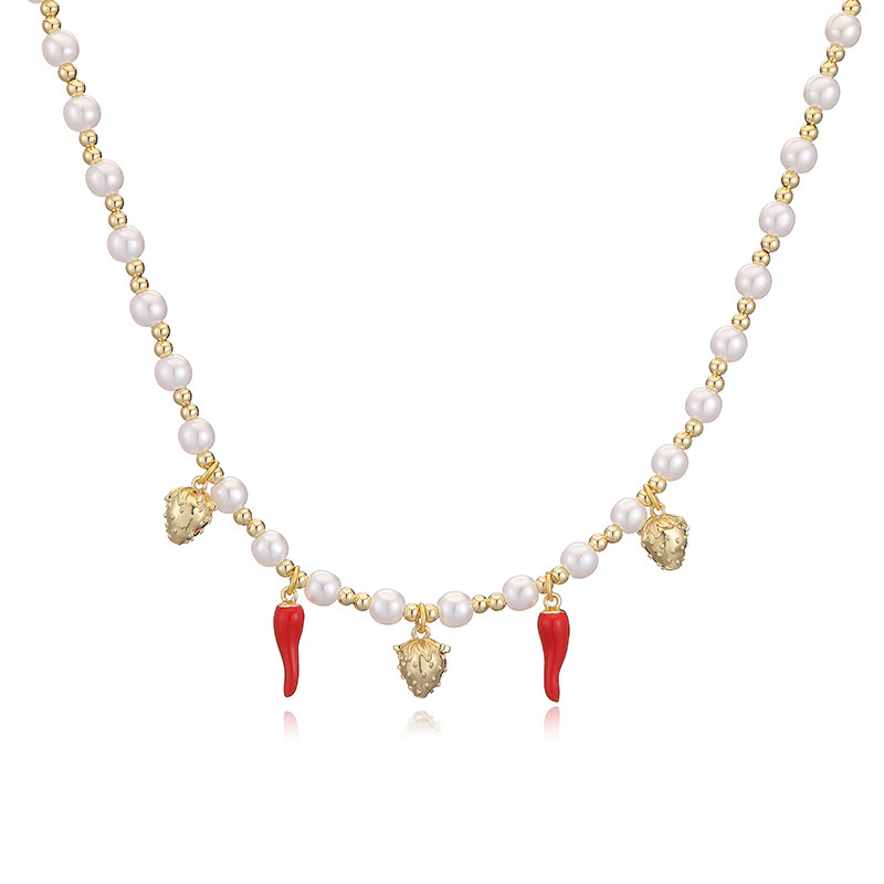 Women's Gender Wholesale Jewelry Sweet Cherry Strawberry Copper Enamel Multi Charms Necklace