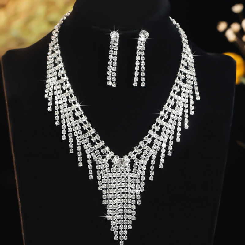conjunto de noiva cravejado de diamantes de metal colar brincos corrente de agarrar joias conjunto de joias para banquete_voghion.com