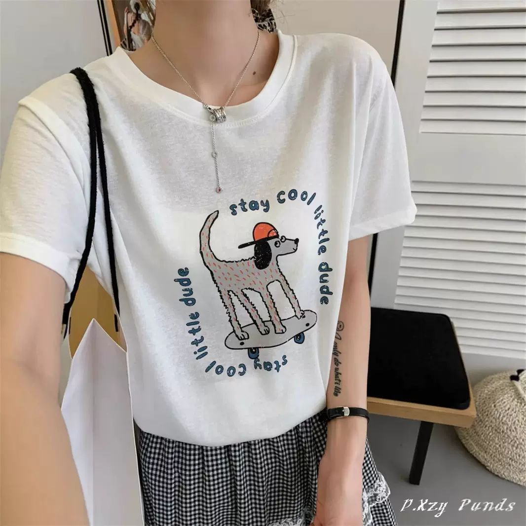 BK夏季新品韩版休闲女式短袖圆领T恤简约可爱卡通薄棉小衫女百搭