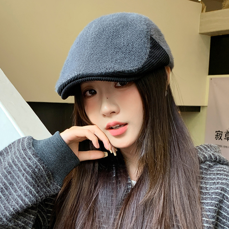 美式反戴英伦复古前进帽秋冬拼接加绒加厚鸭舌帽显脸小保暖报童帽|undefined
