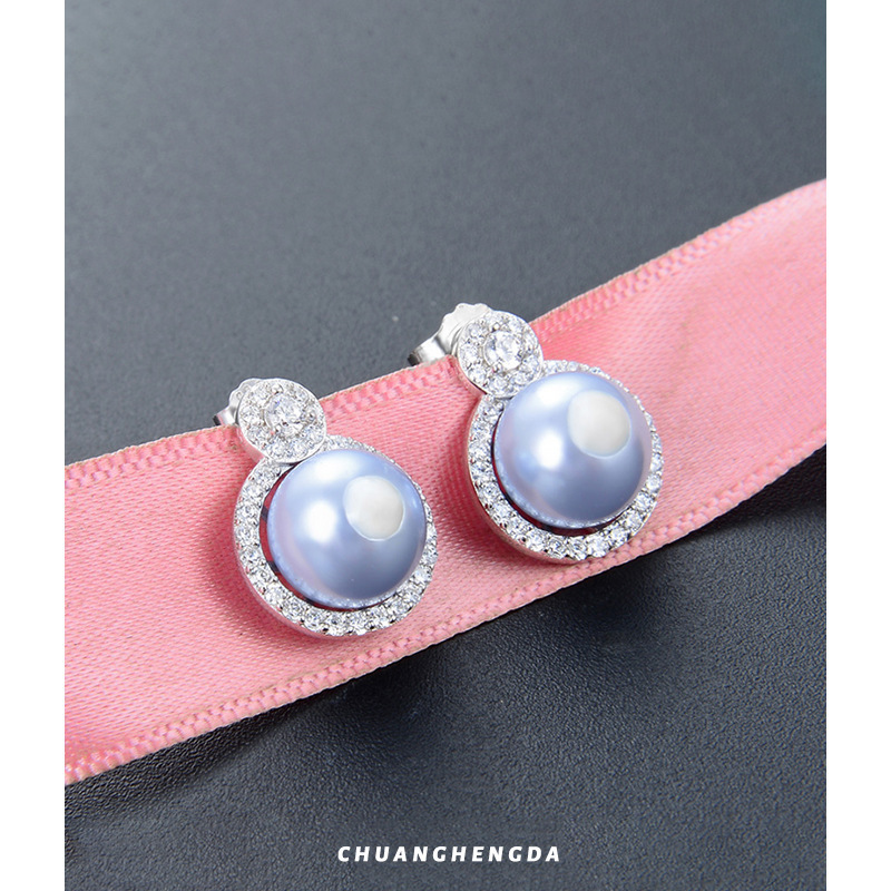 Personalidad japonesa y coreana creativa Zircon aretes de perlas redondas pendientes de perlas S925 pendientes de diamantes de plata para mujeres pendientes de perlas