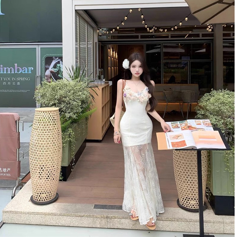 夏の美しい写真撮影ドレス、ヘビーレーススカート、フレンチエレガントなホリデーサスペンダーロングスカート|undefined