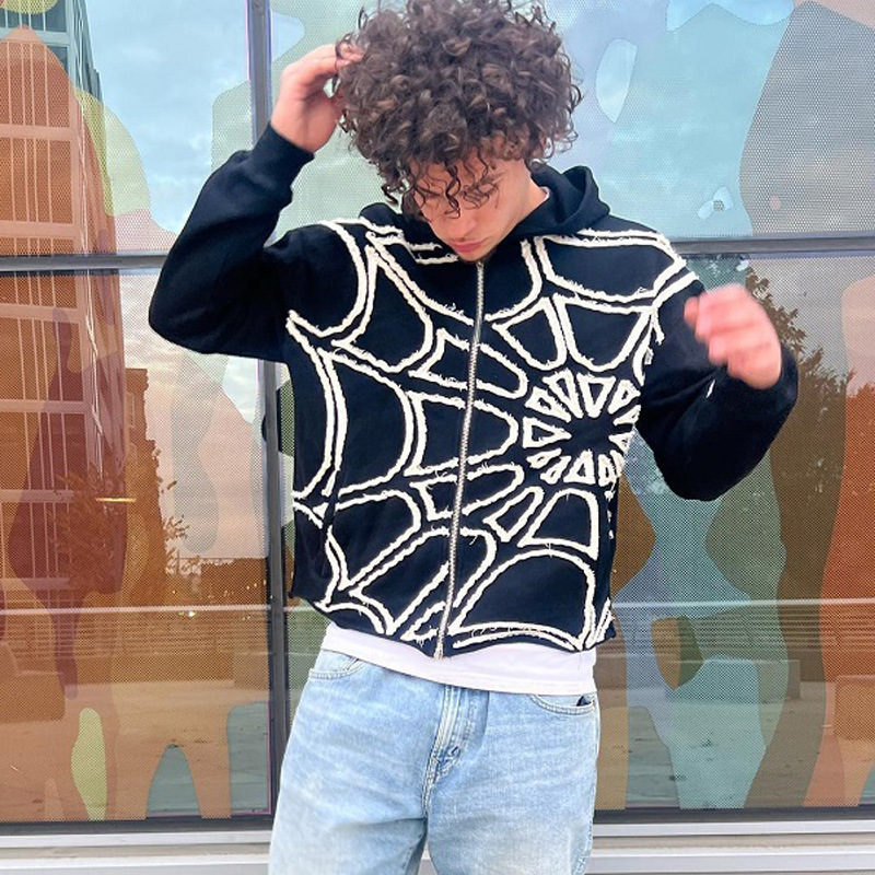 Herenkleding spinnenprint patchwork design losse rits capuchon trendy sport straat sweatshirt_voghion.com