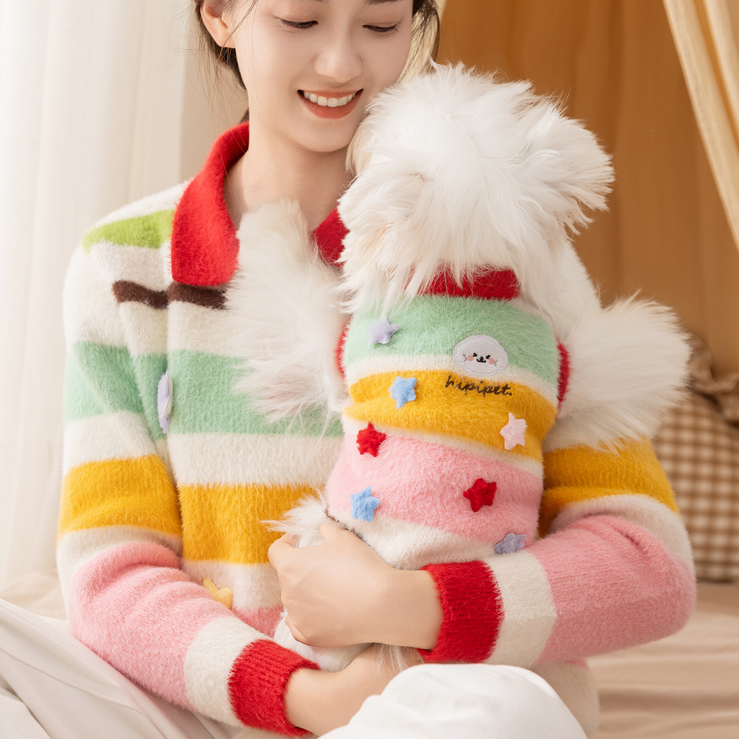 Dog Clothes Teddy Bichon Autumn and Winter Cartoon Star Stripesd Sweater Pet Clothes Family Cat Clothes