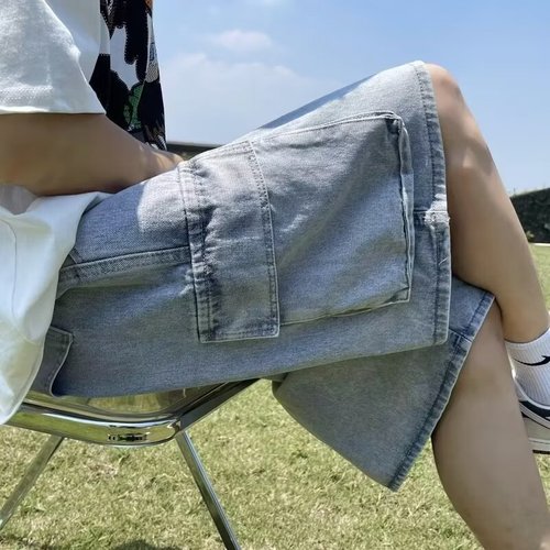 Men's Summer American Retro Knee-Length Six-Front Cargo Denim Shorts Loose Wide Leg Five-Front Pants