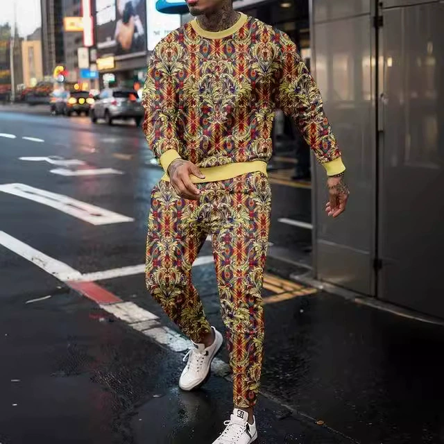 Винтажный мужской спортивный набор с круглым вырезом 3D узор персонализированный хедж брюки спортивный бег молодежная мода набор