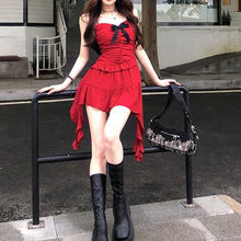 MEIPIN2024新款红色吊带设计感不规则连衣裙女夏季收腰蝴蝶结裙子