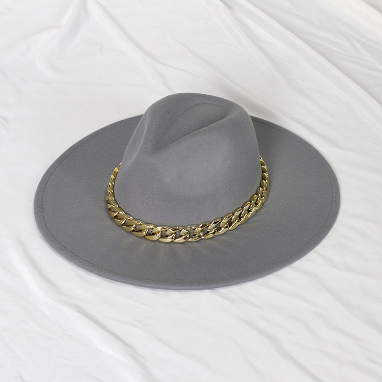 Sombrero de jazz con cadena dorada, sombrero francés vintage de ala ancha en forma de corazón para mujer, sombrero de fieltro oversize.