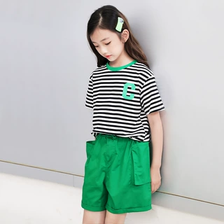 2026夏季新款女童套装夏装中大童韩版洋气条纹短袖上衣短裤两件套