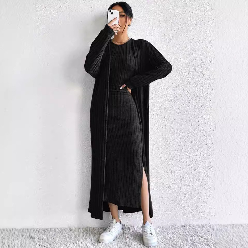 Amazon Women's Clothing Hot Selling European and American Women's Autumn Fashion Vest dress Long Sleeve Long Jacket Two-Piece Set