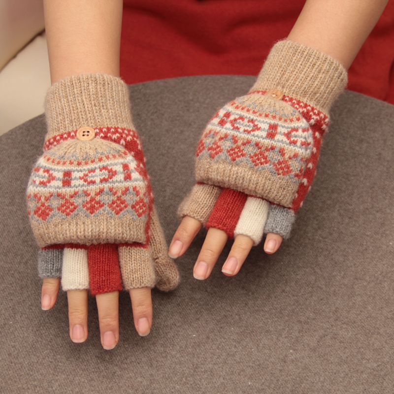Japanese Style Ins Flip Cover Dual-use Gloves Korean Style Winter Warm-keeping Women's Student's fleece-lined Writing Finger Half-finger Wool Cross