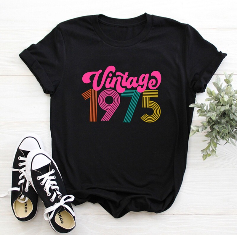 Foreign Trade E-Commerce Summer New Women's Top with Number 1975 Letter Print Casual Short-Sleeve Pure Cotton T-Shirt Foreign Trade E-Commerce Summer New Women's Top with Number 1975 Letter Print Casual Short-Sleeve Pure Cotton T-Shirt