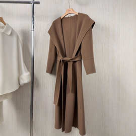 岚家经典驼色fabio中长款连帽系带绵羊毛大衣毛呢外套女2516