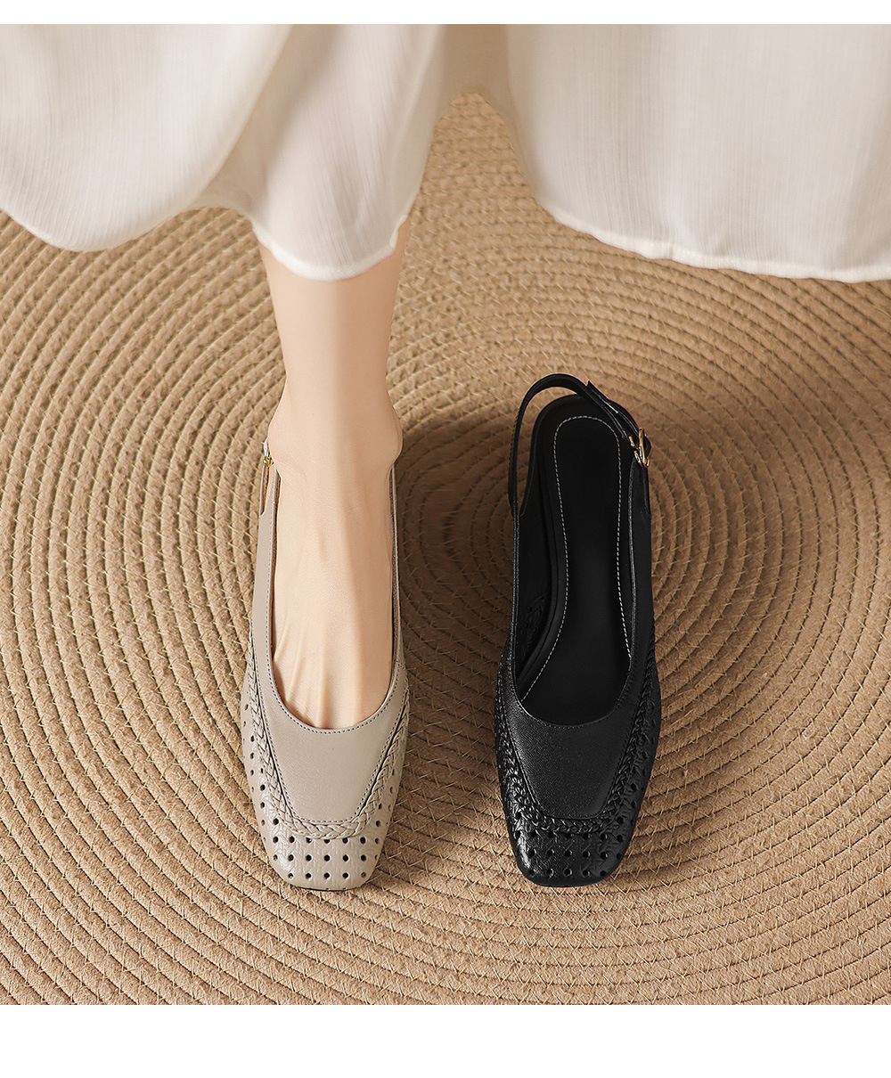 Sandal nữ gót thấp 3.5cm da cừu dệt mũi vuông kiểu Pháp quai một dây — đen chi tiết 2