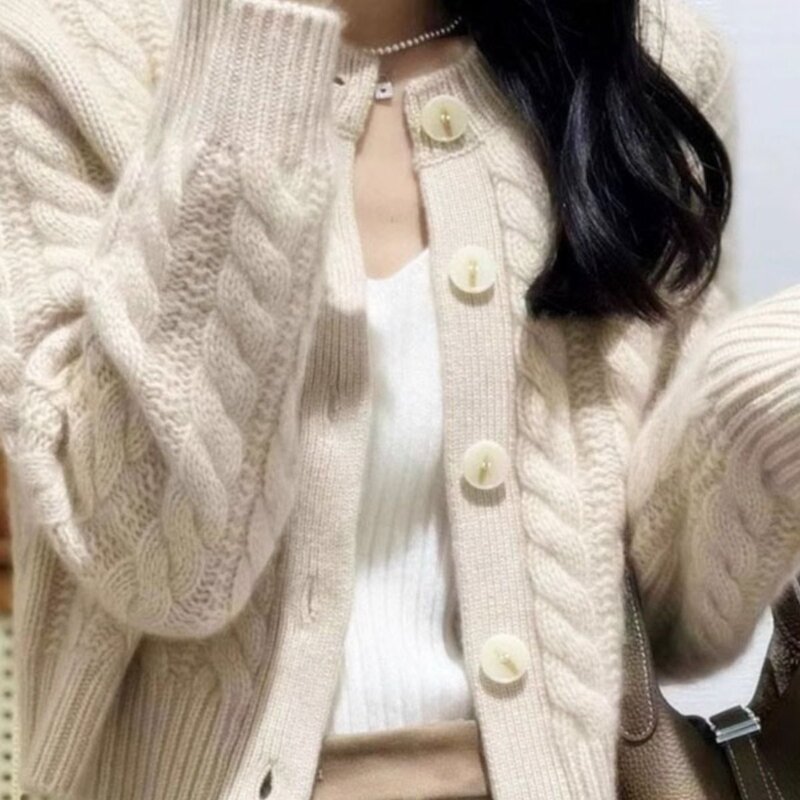 Round-neck cable-knit cardigan for women, soft and thick, loose and casual style, single-breasted knitted top, sweater coat