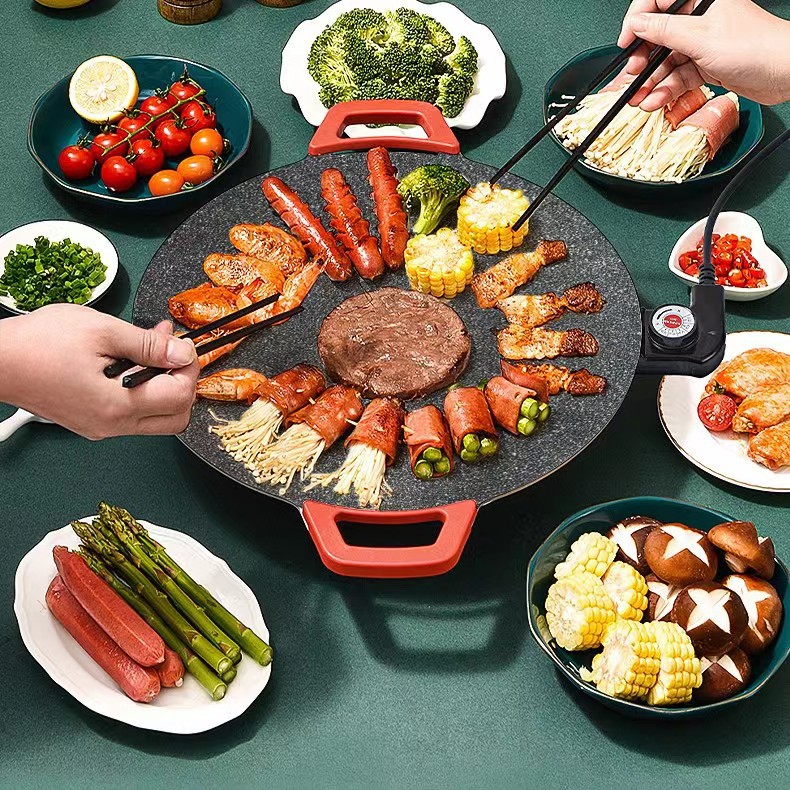 家用韩式不粘电烤盘多功能麦饭石少油烟便携烤肉铁板烧圆形烧烤盘
