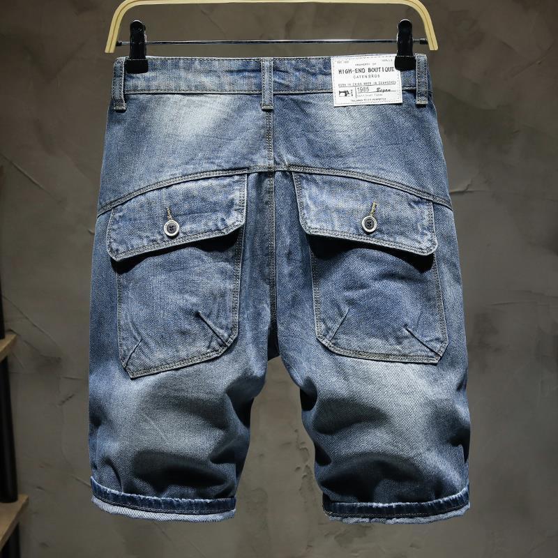 Japanese-Style Multi-Pocket Workwear Denim Shorts for Men, Loose Straight-Leg Five-Point Shorts, Thin Ripped Shorts for Summer
