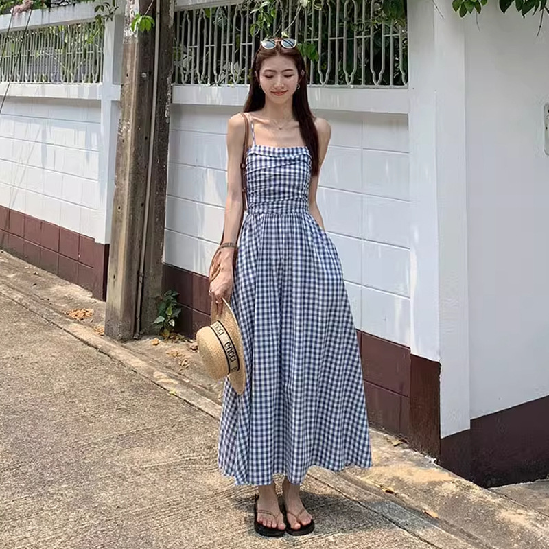 French Retro High-end Blue Plaid Sling dress Women's Summer Waist Slimming Small A- line Midi Dress