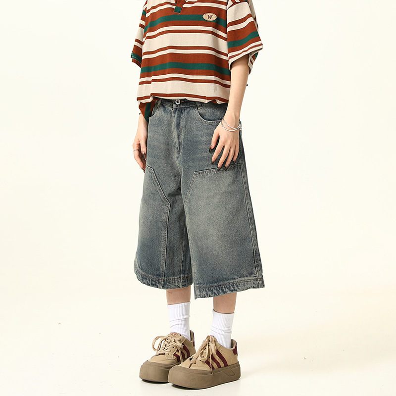 Pantalones cortos de mezclilla lavados en la calle retro americana pantalones de pierna recta para hombres y mujeres pantalones cortos de todo fósforo de la marca de moda de pierna ancha