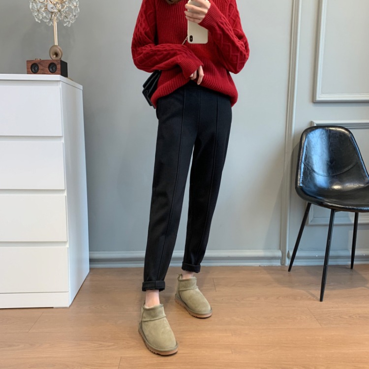[모직 기모 두껍게] 겨울 새 한국식 하이웨이스트 느슨한 슬림 단색 자른 다리