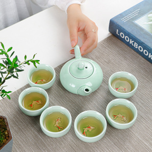 Celadon Xiaoyu One Pot and Six Cups Tea Set Set Household Simple Business Souvenir New Year Gift Can Be Printed with Logo
