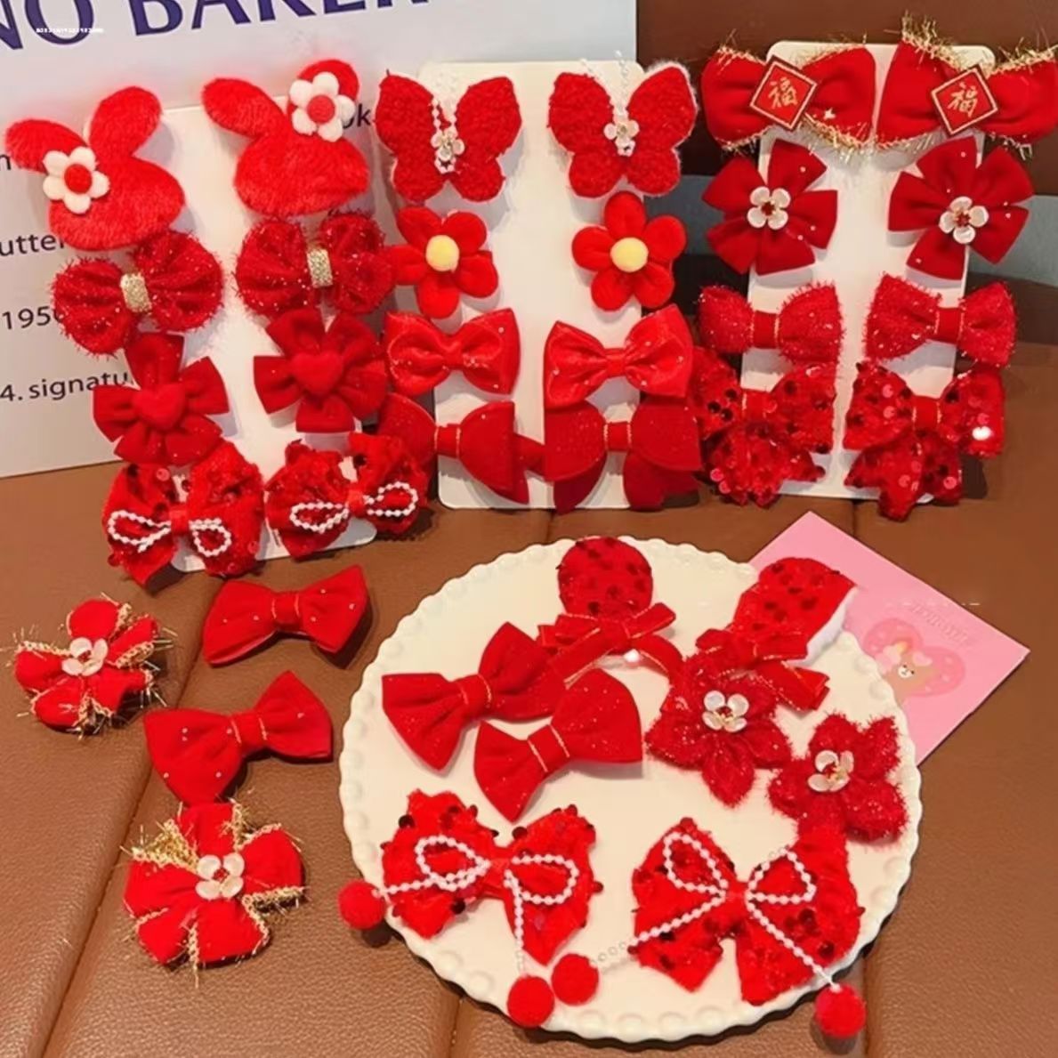 新年红色儿童皇冠发夹女童蝴蝶结花朵毛绒发卡喜庆宝宝过年头饰品