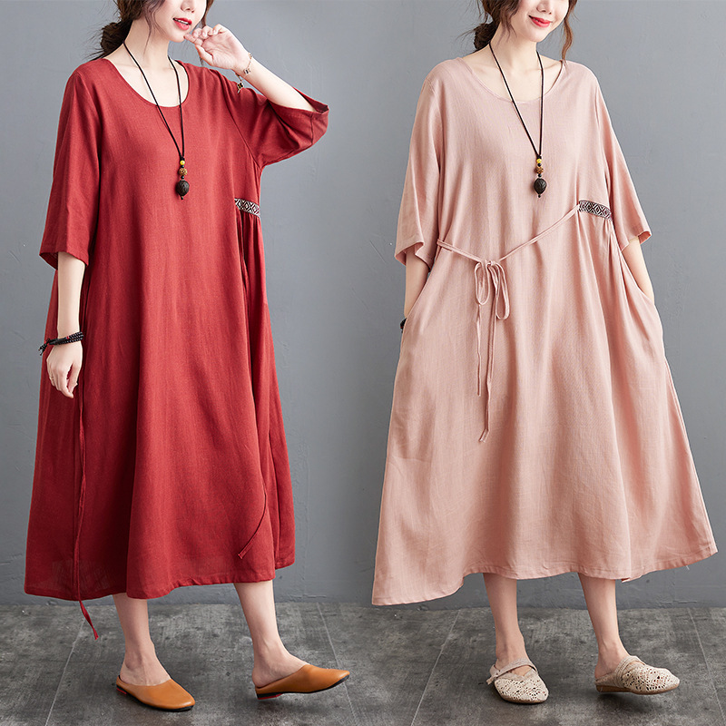 Women Summer Plus size Dresses cotton hemp large size pure dress Women Plus  size loose style Dresses loose lace up dress