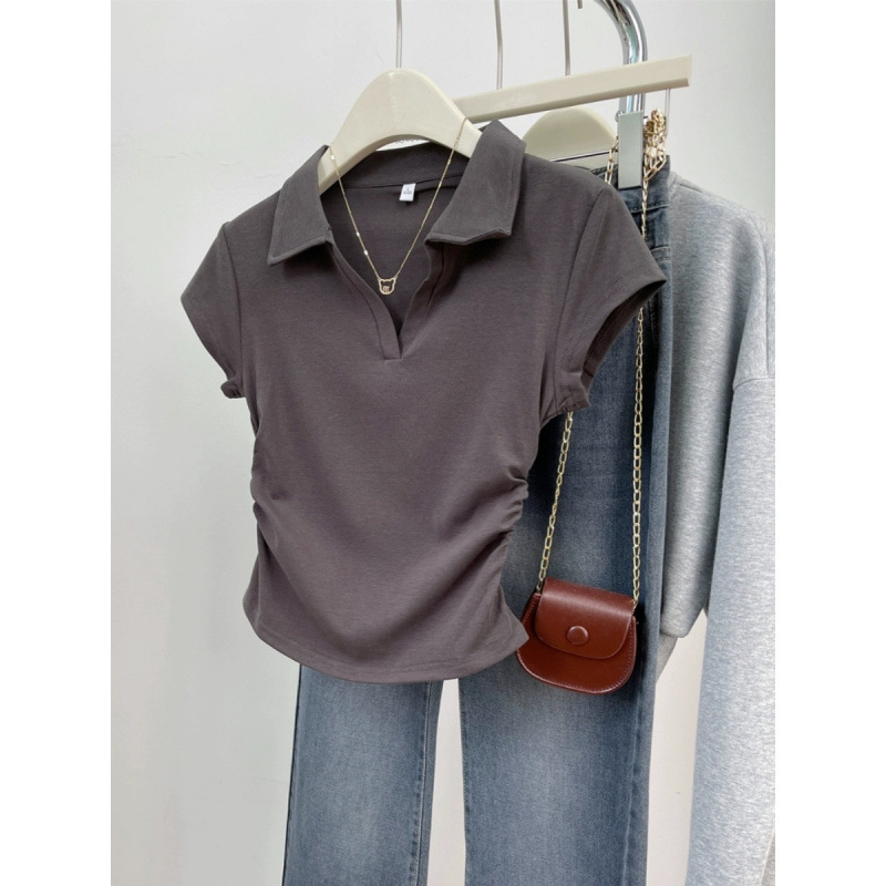 女性用半袖Tシャツ2025夏白ポロカラーラペルトップショートウエストスリムカジュアルデザイン|undefined