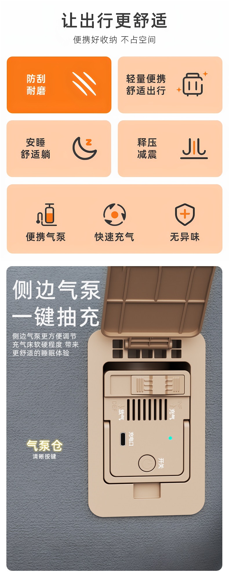 Self-inflating single-person car mattress, inflatable bed, foldable bed, trunk mat, portable bed for long-distance travel