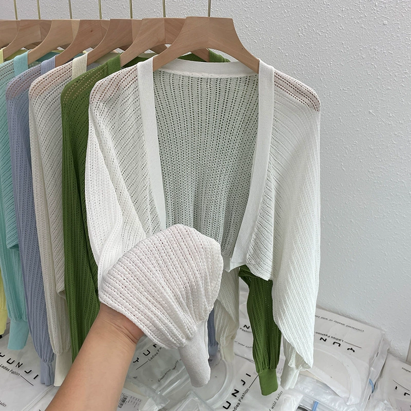 Женская летняя блузка 2025 года, тонкая, свободного кроя, с короткими рукавами-фонариками, защита от солнца, трикотажный кардиган, маленькая куртка