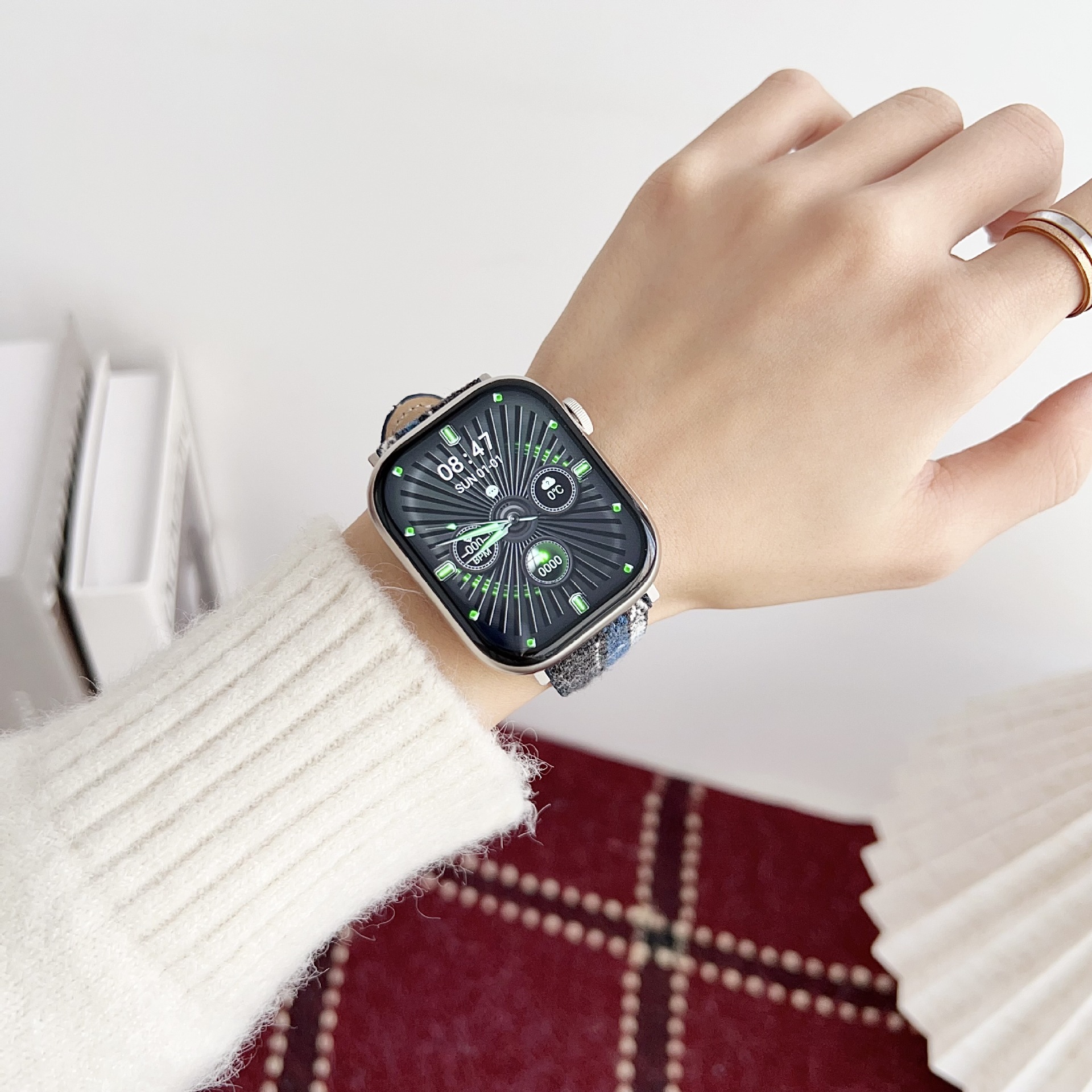 適用於蘋果789代手錶錶帶 iwatch se拼色格子紋毛呢皮質手錶帶