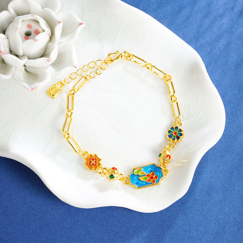 Brazalete de flores de palacio de estilo de esmalte de moda vietnamita de oro de arena para mujeres que no se desvanecen joyería de lujo ligera y alta calidad