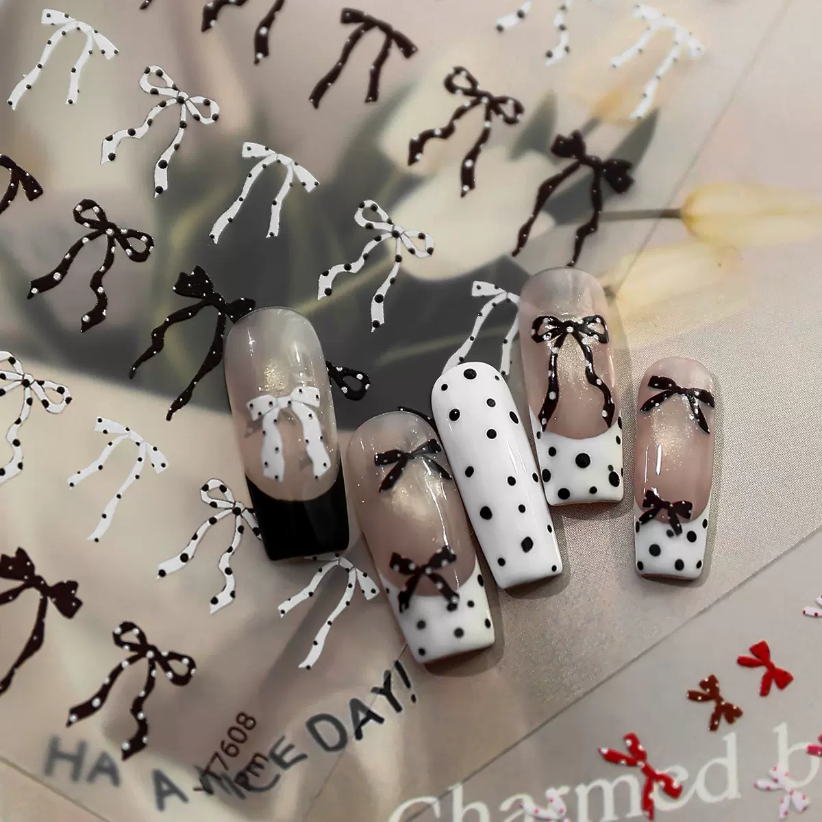 YITU蚁图平面指甲贴波点蝴蝶结美甲贴纸多巴胺美甲贴批发YT7608