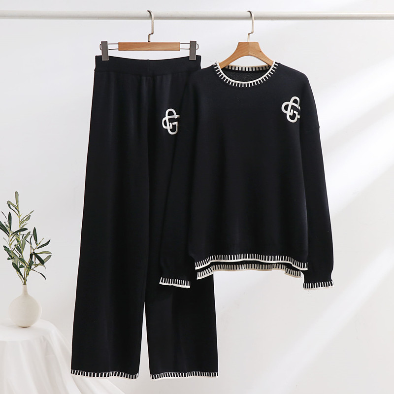 Damenbekleidung, modischer Anzug, Stickerei, Kontrastfarben, Nähte, lockerer Pullover, hohe Taille, weite Hose, gestrickter zweiteiliger Anzug_voghion.com