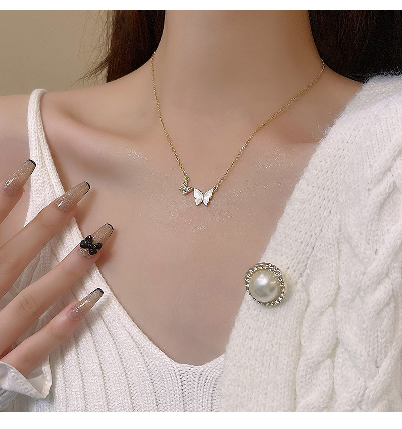 Fashion Butterfly Titanium Steel Enamel Plating Inlay Shell Zircon Necklace 1 Piece