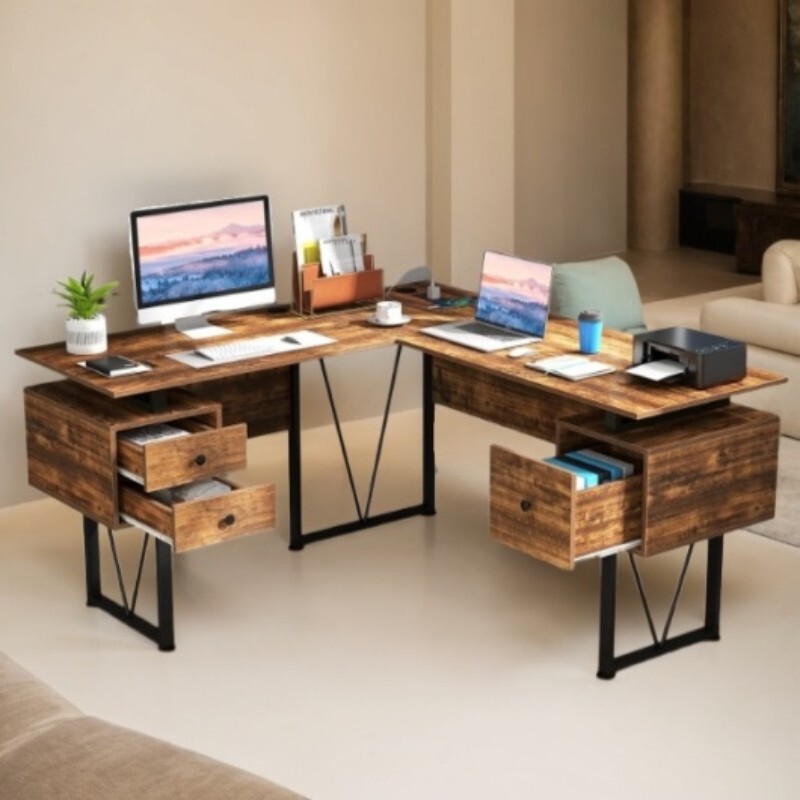 L-Shaped Desk with 3 Drawers, Bedroom Writing Desk, Office Computer Desk, Simple Computer Desk, Desktop Gaming Desk