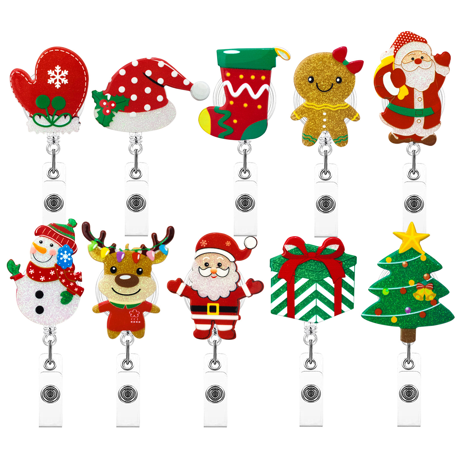 Christmas Acrylic Gold Leaf Glitter Snowman Gingerbread Man Gloves Bell Telescopic Rotating Pull Peels Voucher Buckle display picture 1