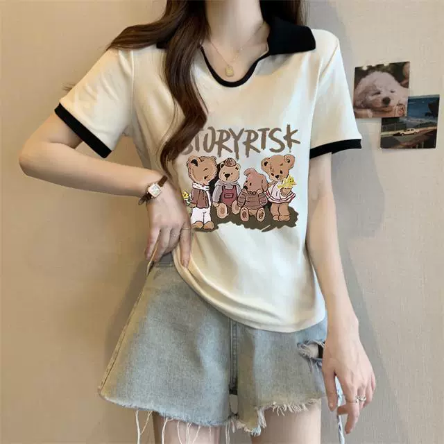 Футболка с короткими рукавами и принтом молодого медведя больших размеров для женщин 2023 Летний Новый Стиль Повседневный универсал, покрывающий живот, для полных девочек