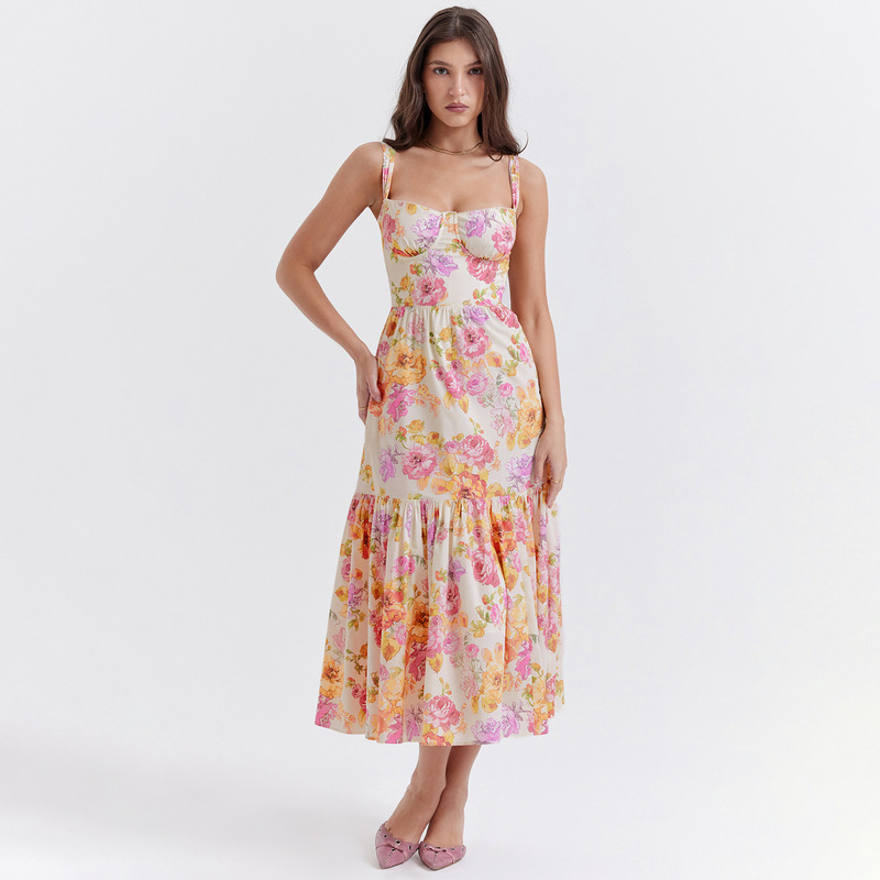 Cross-border foreign trade European and American style summer new long dress printed suspender skirt off-shoulder pleated lace floral dress Cross-border foreign trade European and American style summer new long dress printed suspender skirt off-shoulder pleated lace floral dress
