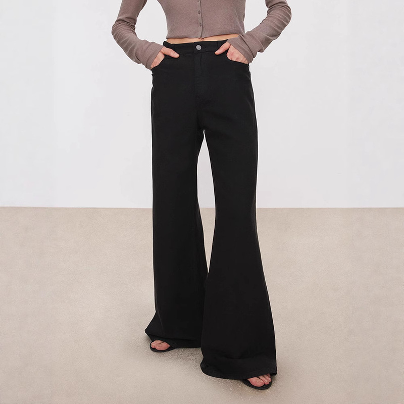 Th~Row Straight-Leg Pants_Cool Soft Draped Cotton and Linen Denim Retro V-Waist Loose Floor-Length Flared Denim