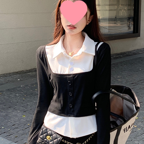Spring new sweet and spicy college style contrasting fake two-piece tops for women's design, slim and long-sleeved T-shirt
