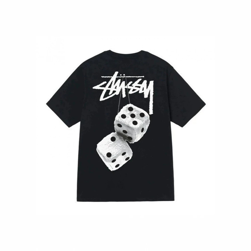 Stussy Black Short-Sleeve T-Shirt Trendy Brand Wholesale Double Plush Dice Pattern Direct Supply from Manufacturer